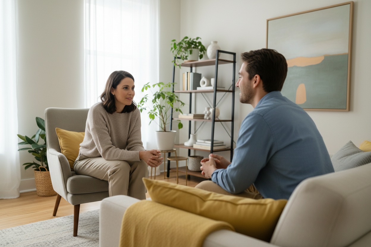 A woman sits in an armchair and talks to a man sitting on a sofa in a bright, modern living room.