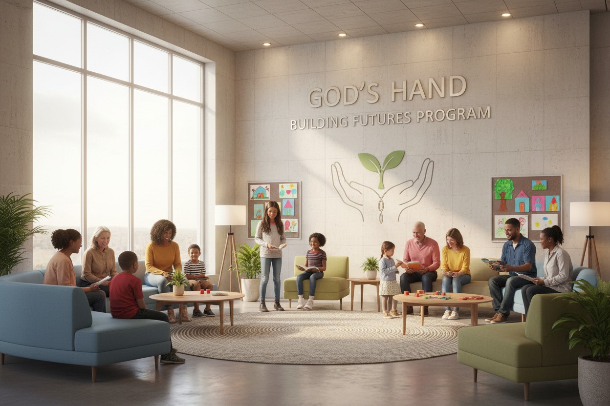 A diverse group of adults and children gather in a bright, modern community center room with the text "God's Hand Building Futures Program" displayed on the wall.