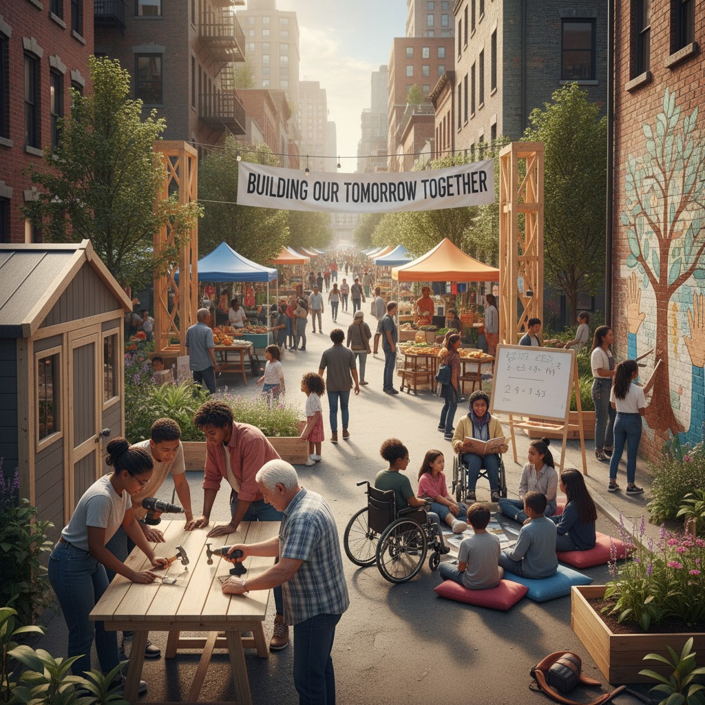 A diverse group of people participates in community activities, including building at a workbench and learning in an outdoor classroom, under a banner that reads "Building Our Tomorrow Together."