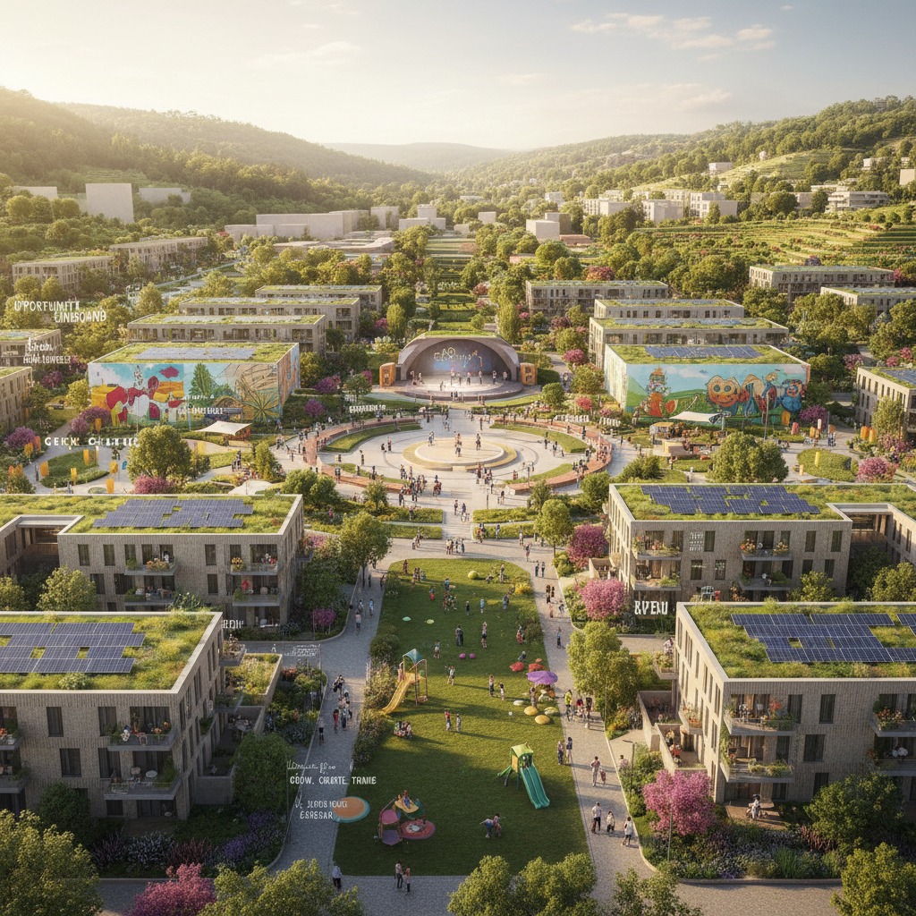 An aerial view of a sustainable residential community featuring modern buildings with green roofs, solar panels, and a central park with a playground and outdoor amphitheater.